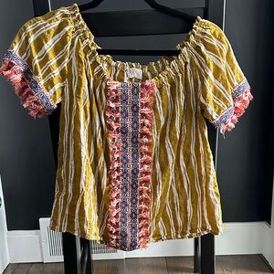 Altar'd State Mustard and White Striped Blouse with Fringe